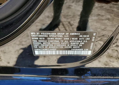 2015 Volkswagen Passat S из США, поврежденный, VIN 1VWAT7A36FC104932